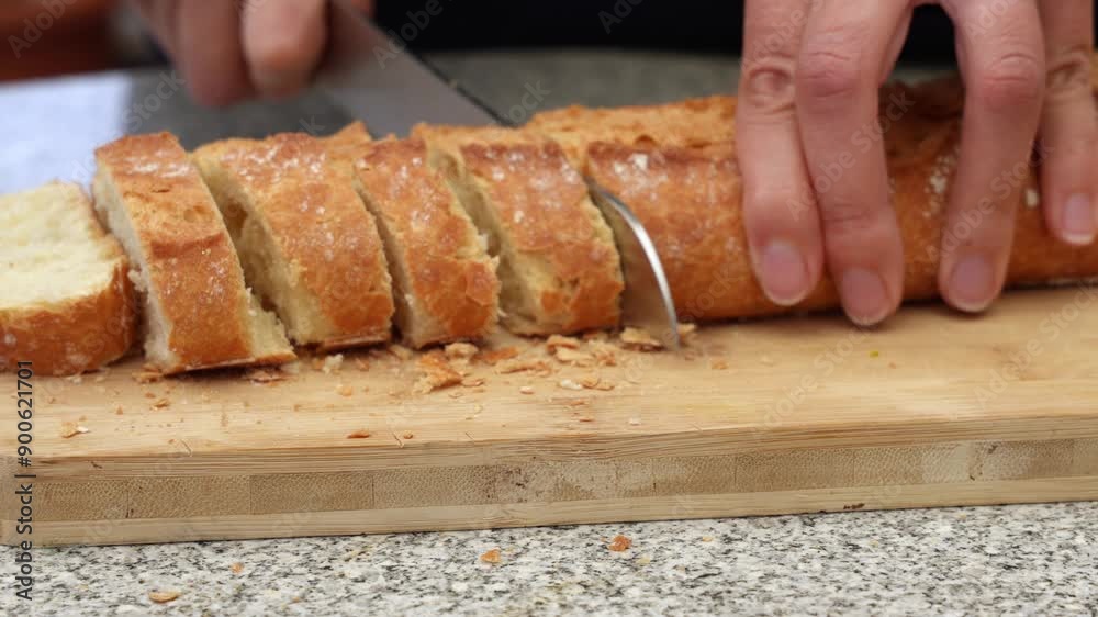 A woman's hands slicing a fresh baguette A woman's hands slicing a fresh baguette