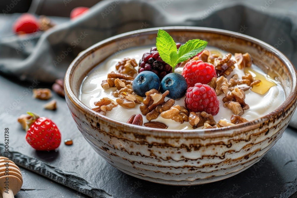 A bowl of Greek yogurt topped with honey, walnuts, and fresh berries, served in a rustic ceramic bowl. A bowl of Greek yogurt topped with honey, walnuts, and fresh berries, served in a rustic ceramic bowl.