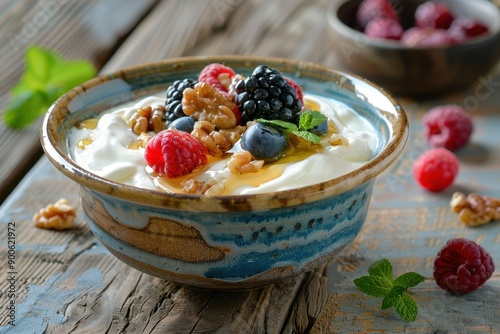 A bowl of Greek yogurt topped with honey, walnuts, and fresh berries, served in a rustic ceramic bowl.