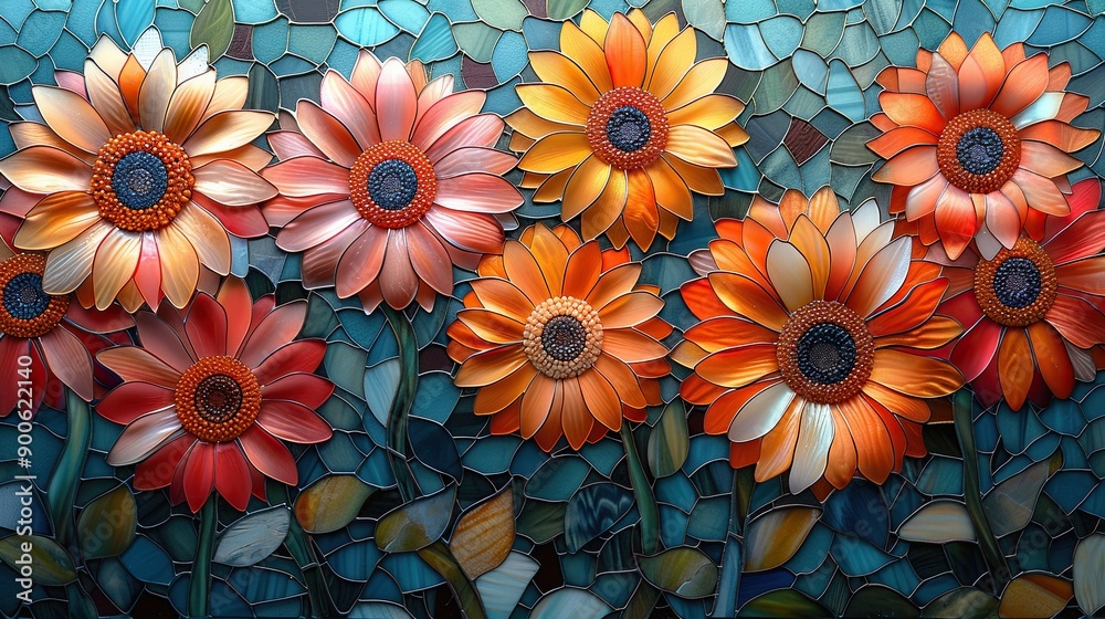 Beautiful stained glass artwork depicting a cluster of vibrant, multicolored flowers with intricate details, set against a mosaic background.
Beautiful stained glass artwork depicting a cluster of vibrant, multicolored flowers with intricate details, set against a mosaic background.