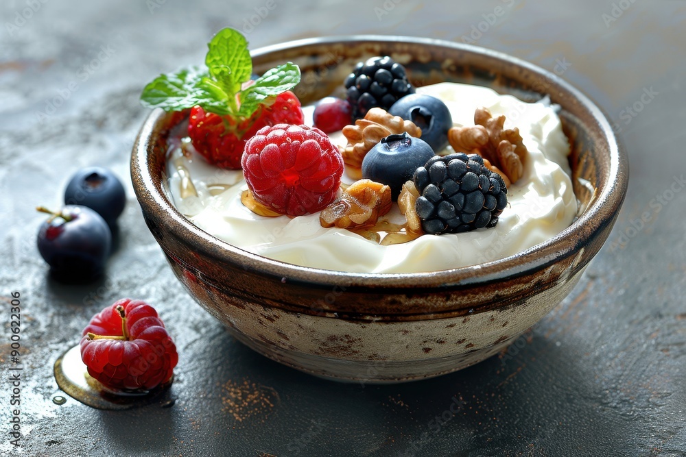 A bowl of Greek yogurt topped with honey, walnuts, and fresh berries, served in a rustic ceramic bowl. A bowl of Greek yogurt topped with honey, walnuts, and fresh berries, served in a rustic ceramic bowl.