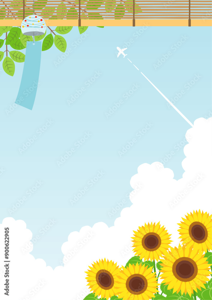 夏をイメージしたひまわりと飛行機雲の背景_縦
夏をイメージしたひまわりと飛行機雲の背景_縦