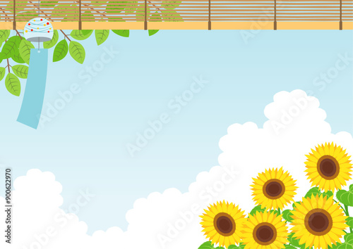 夏をイメージした風鈴とひまわりの背景_横
