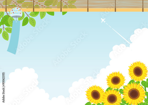 夏をイメージしたひまわりと飛行機雲の背景_横
