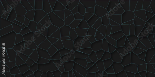 3D broken glass quartz Voronoi diagram vector background. Black color Broken Stained-Glass Background with gray lines. Papercut geometric mosaic tiles pattern background. Seamless vintage vector bg.