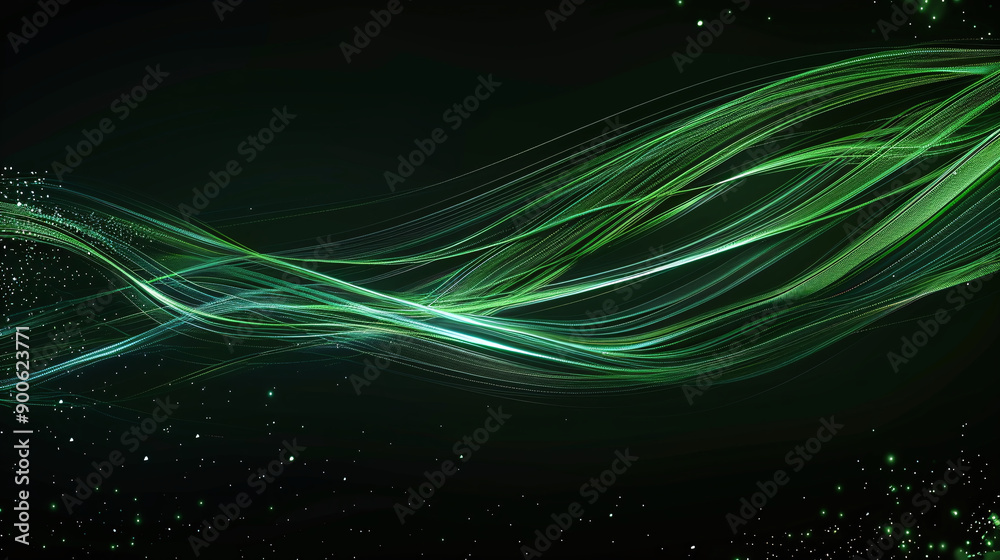 Flowing Green Light Trails on Black Background