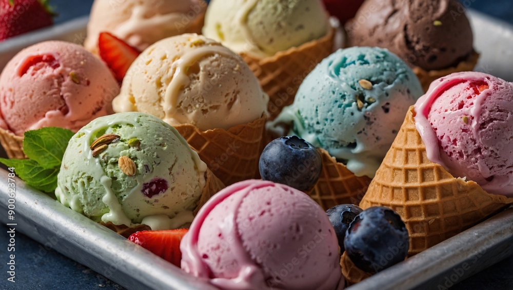 Various ice cream flavors in cones blueberry, strawberry, pistachio, almond, cherry Various ice cream flavors in cones blueberry, strawberry, pistachio, almond, cherry