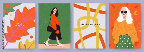 Modern design set of Fall poster, cover, card with beautiful girl fashionista in oversized sweater and midi skirt, trendy pattern with leaves and abstract shapes. Template for advertising, web, print