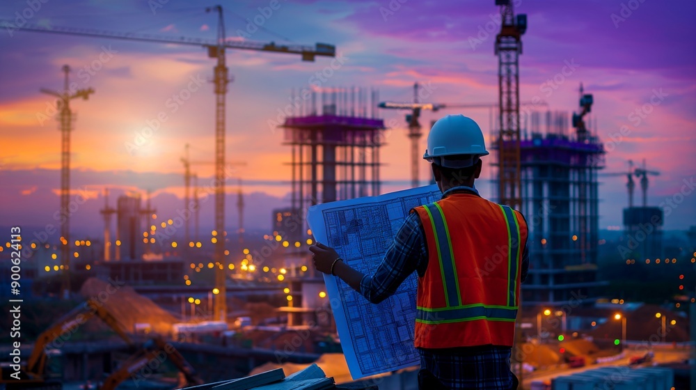 Architect of the Skyline: Construction worker reviews blueprints amidst a vibrant dusk cityscape, embodying the dedication and expertise behind urban development. Generative ai illustration. Architect of the Skyline: Construction worker reviews blueprints amidst a vibrant dusk cityscape, embodying the dedication and expertise behind urban development. Generative ai illustration.