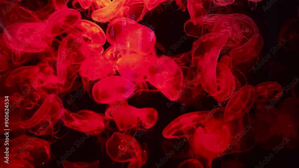 Moon Jellyfish in the water tank with red light. Moon Jellyfish in the water tank with red light.