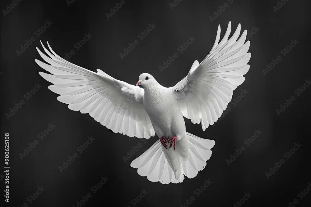 Obraz premium white dove flying, black solid clean background