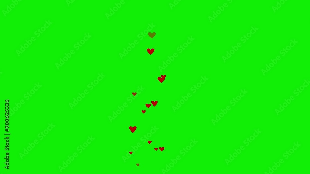 cartoon red heart floating up animation on green screen, heart floating up movement, likes floating, 2d animation, green background