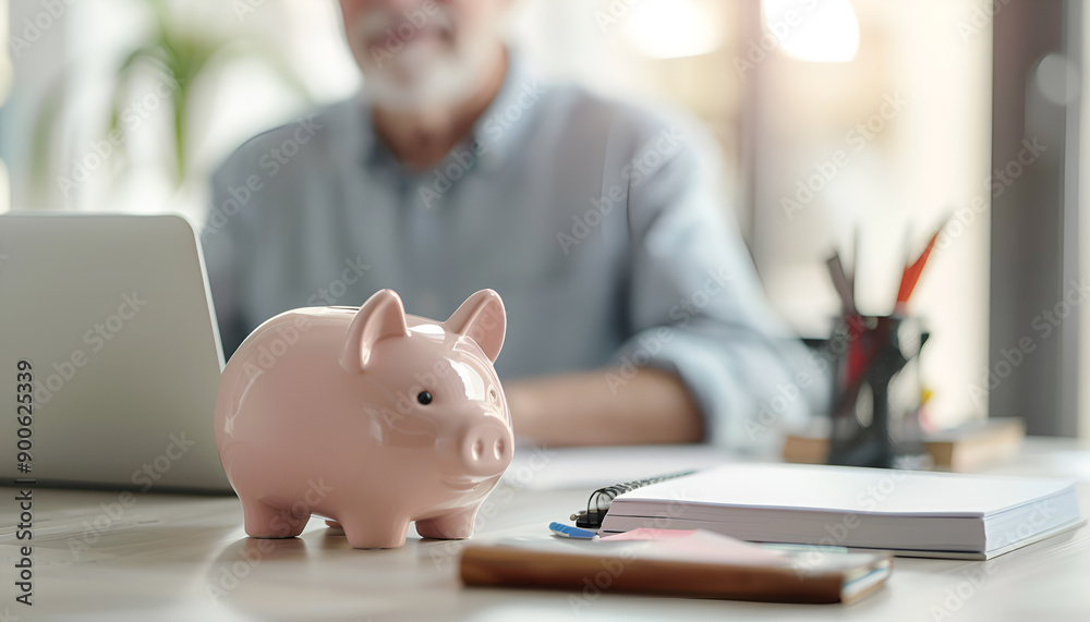 Piggy bank in soft focus on desk with blurred elderly man using laptop to fill out Internet pension application, do accounting and paperwork at home, manage personal finance or pay bills online Piggy bank in soft focus on desk with blurred elderly man using laptop to fill out Internet pension application, do accounting and paperwork at home, manage personal finance or pay bills online