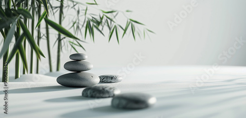 Zen stones with bamboo. Zen, concept. Minimalist background. With space for text on a white, solid background