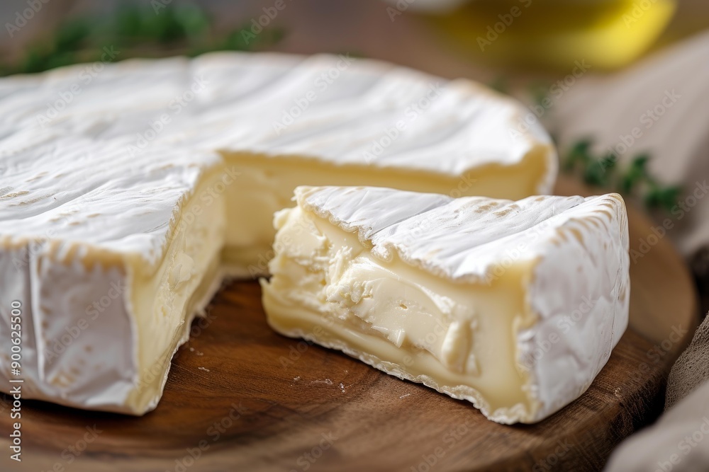 Close-up of soft brie cheese with a piece cut out, on a rustic wood surface