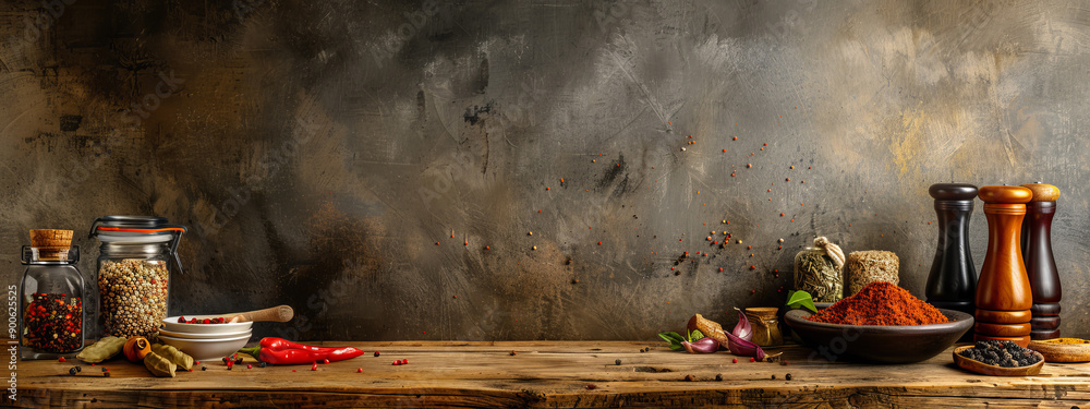 A Rustic Kitchen Counter Displaying Various Spices and Ingredients in Natural Light