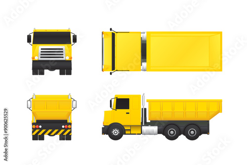 Dump truck in different views isolated on white background.