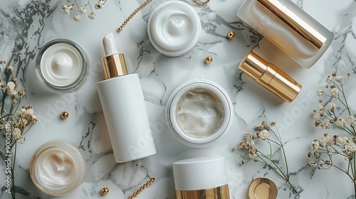 A chic flat lay of high-end skin care products with sleek packaging, luxury serums, and anti-aging creams, placed on a marble surface with gold jewelry accents