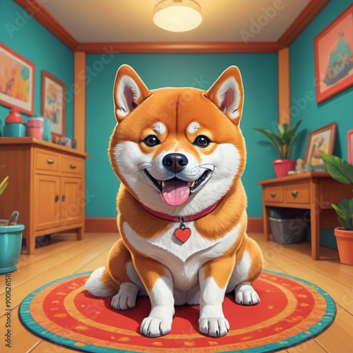 Shiba Inu breed dog sitting on the floor, vibrant colorful background generative ai