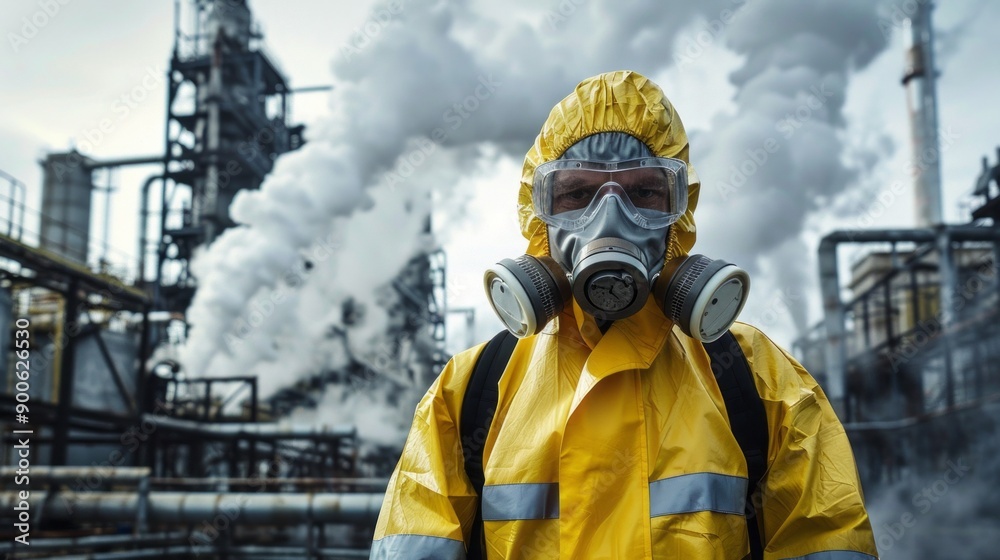 A man in a yellow protective suit stands in front of a large cloud of smoke