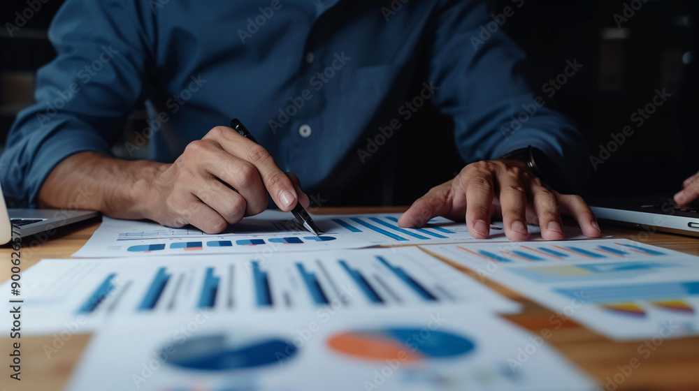 Fototapeta premium Businessman engaging in a financial review session with charts data analysis