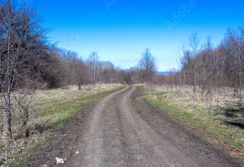 spring walks along the mountain road, forest and panorama of the area