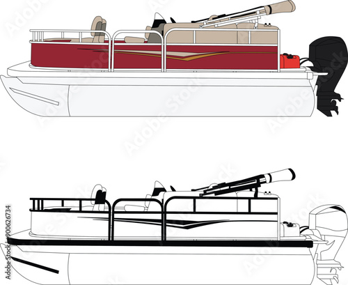Pontoon boat vector, boat vector, motorboat vector, line art illustration and one color.