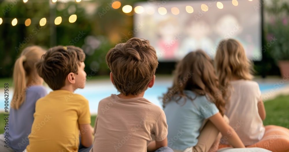 Children Watching Movie in Backyard at Night Children Watching Movie in Backyard at Night