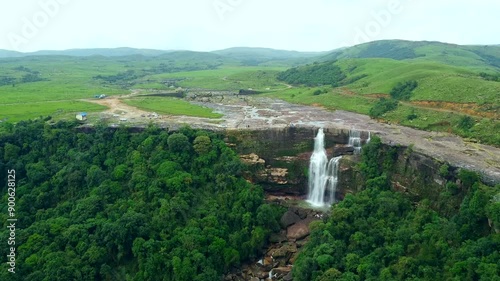 Aerial view of meghalaya dainthlen falls in India. The beautiful landscape view of east khasi hills cherrapunji mawsynram reserve forest in meghalaya India. photo