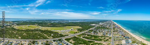 Aerial view of the Wright Brothers Monuments and first flight air field in Kill Devils Hills North Carolina Outer Banks