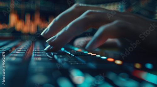 Closeup hand using computer monitoring stock prices investment