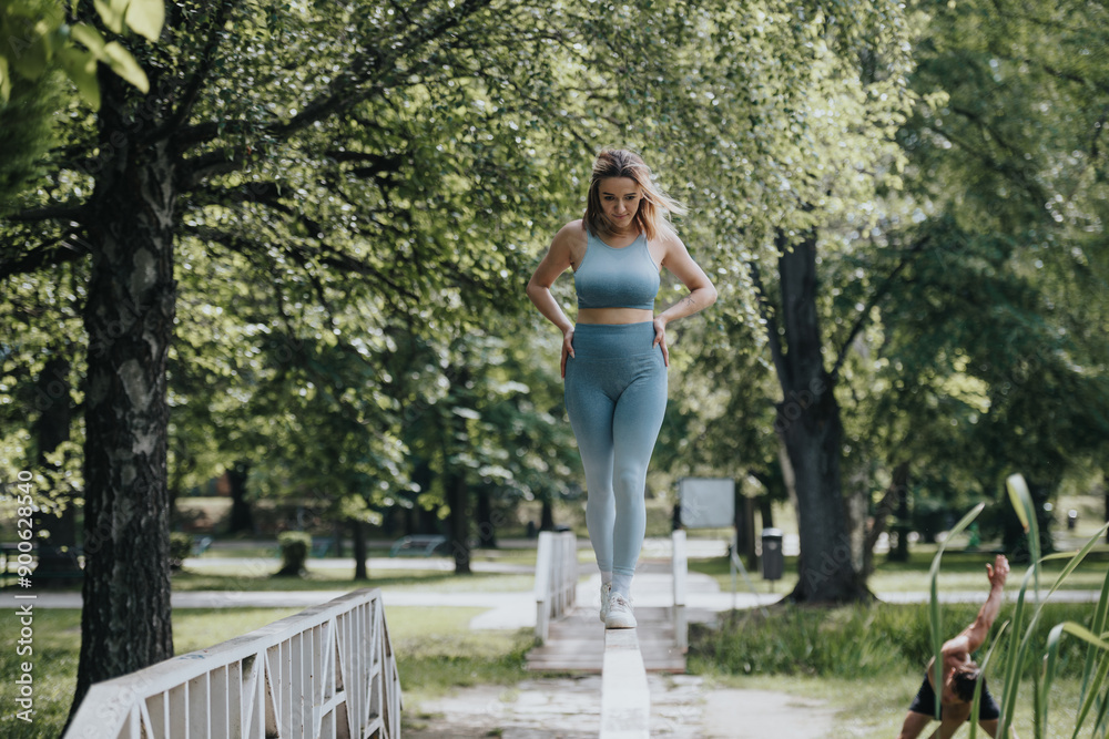 Woman practicing balance on bridge railing in park wearing active wear on a sunny day Woman practicing balance on bridge railing in park wearing active wear on a sunny day