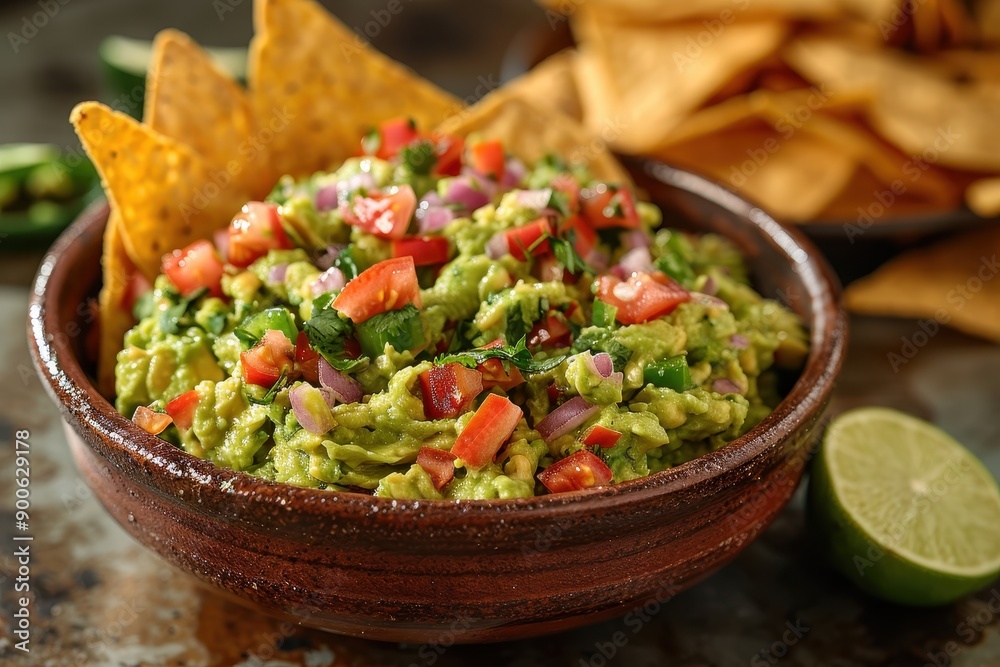 A bowl of guacamole, with ripe avocados mashed and mixed with tomatoes, onions, cilantro, lime juice, and jalapenos, served with freshly made tortilla chips. A bowl of guacamole, with ripe avocados mashed and mixed with tomatoes, onions, cilantro, lime juice, and jalapenos, served with freshly made tortilla chips.