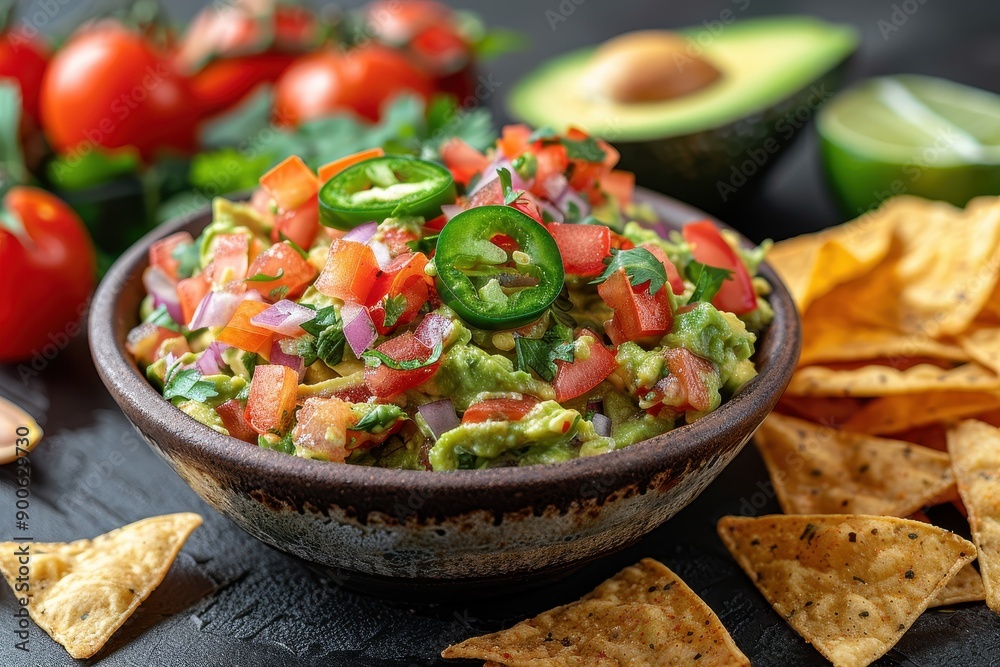 A bowl of guacamole, with ripe avocados mashed and mixed with tomatoes, onions, cilantro, lime juice, and jalapenos, served with freshly made tortilla chips. A bowl of guacamole, with ripe avocados mashed and mixed with tomatoes, onions, cilantro, lime juice, and jalapenos, served with freshly made tortilla chips.