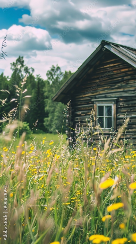 A rustic cabin nestled amidst blooming wildflowers under a bright blue sky A rustic cabin nestled amidst blooming wildflowers under a bright blue sky