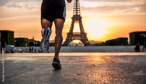 Focus on running shoes of an athlete whos running towards the eiffel tower of paris at sunset photo