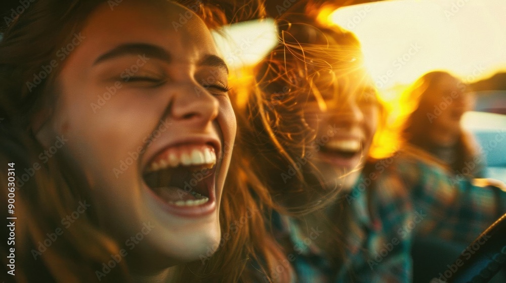 Friends joyfully laughing together in a car during a sunset, creating memorable moments filled with happiness and excitement. Friends joyfully laughing together in a car during a sunset, creating memorable moments filled with happiness and excitement.