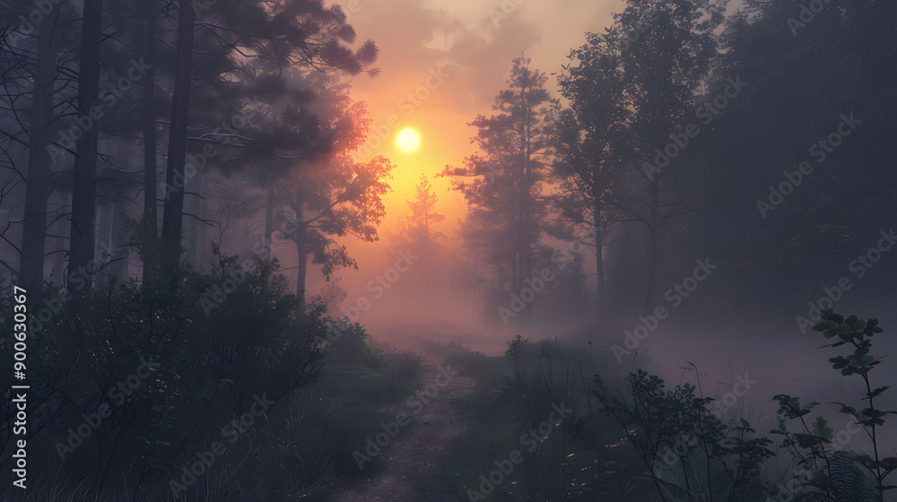 Fototapeta premium Realistic Image of a Pathway Through a Foggy Forest.