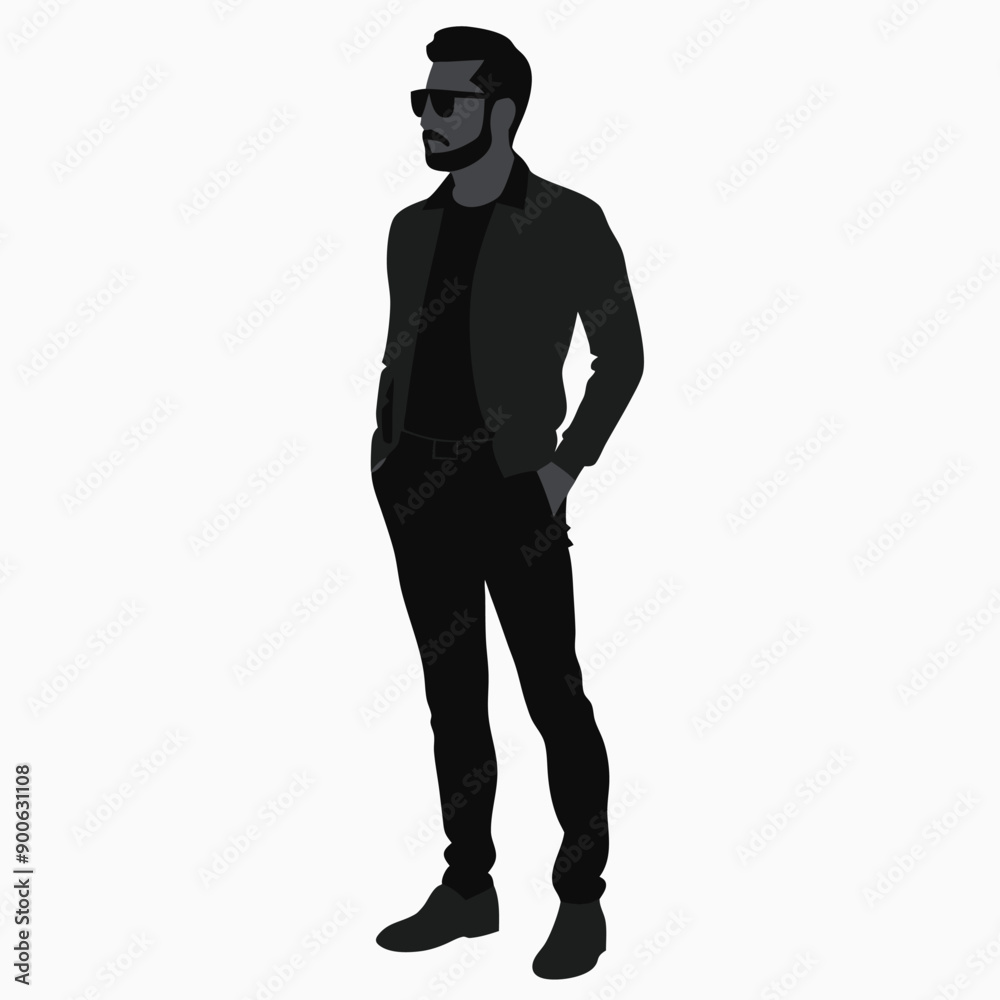 jeans fashion man stand with wear sunglass and stylish pose vector silhouette, jeans fashion man stand with wear sunglass and stylish pose vector silhouette,