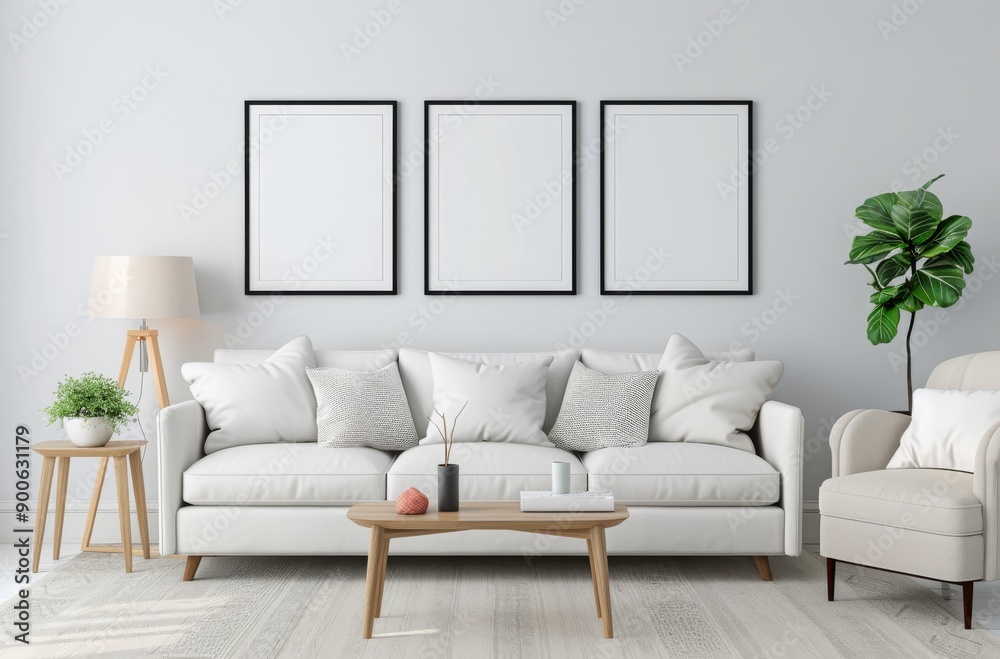 Fototapeta premium White Living Room With Sofa, Chairs, and Plants