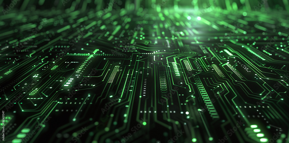 Digital Circuit Board with Glowing Green Lights Digital Circuit Board with Glowing Green Lights