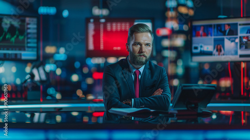 News reporter delivering evening news in studio news photo