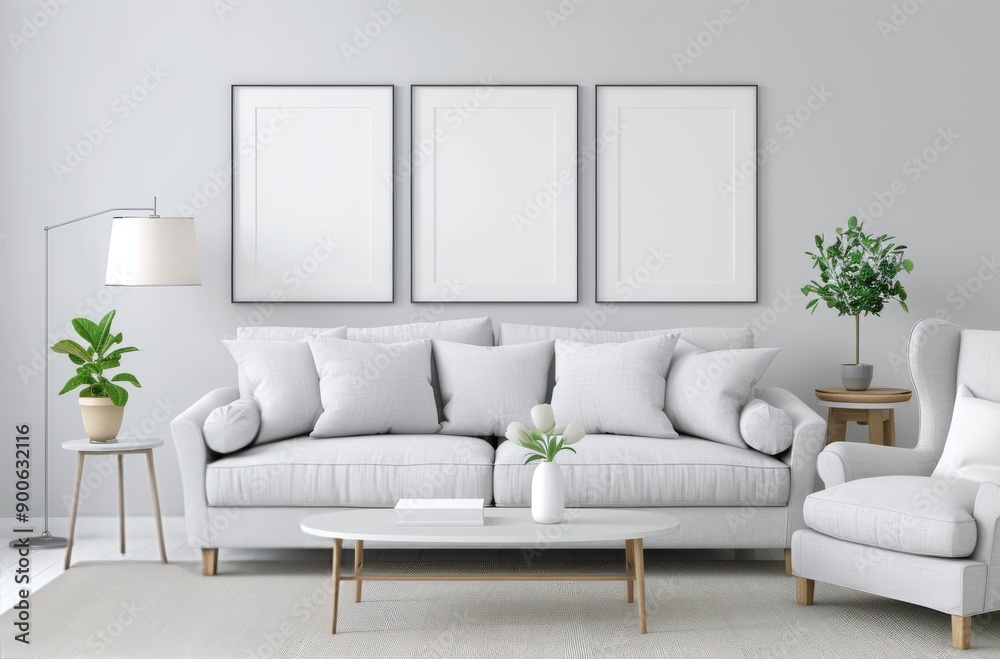White Living Room With Sofa, Chairs, and Plants