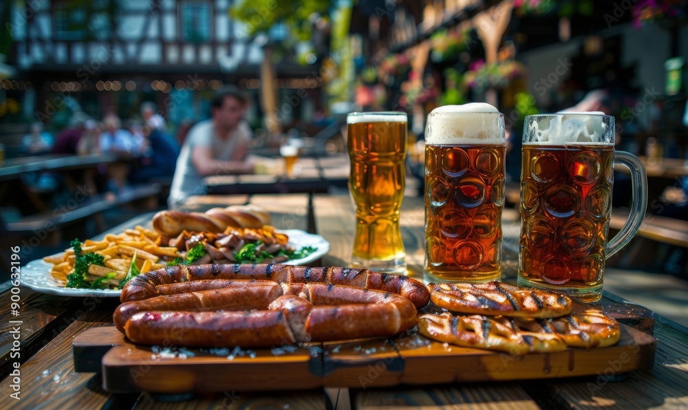 Wooden table set with sausages, pretzels, and beer steins at the Oktoberfest festival. Wooden table set with sausages, pretzels, and beer steins at the Oktoberfest festival.