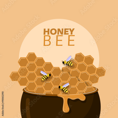 
World Honey Bee Day event food banner. Illustration of a beehive with honey in a jar with several bees flying on a light brown background to celebrate on August