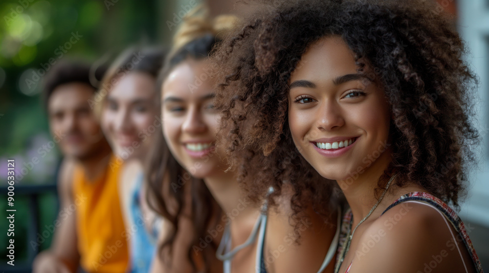 A group of friends happily smile while enjoying a sunny day together outdoors. A group of friends happily smile while enjoying a sunny day together outdoors.