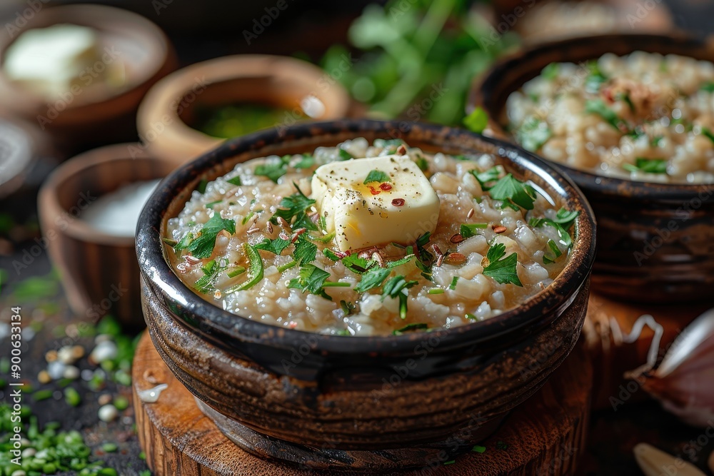A bowl of kasha, a traditional buckwheat porridge, garnished with a pat of butter and a sprinkle of salt. A bowl of kasha, a traditional buckwheat porridge, garnished with a pat of butter and a sprinkle of salt.