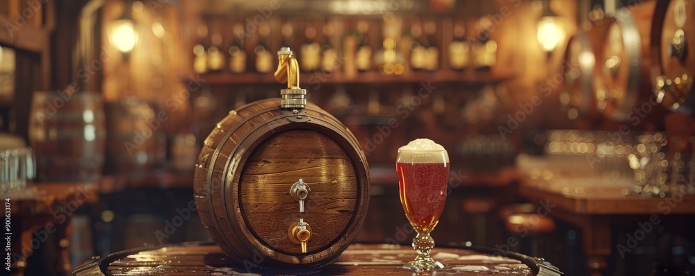 Wooden barrel with a brass tap dispensing beer into awaiting steins. Wooden barrel with a brass tap dispensing beer into awaiting steins.