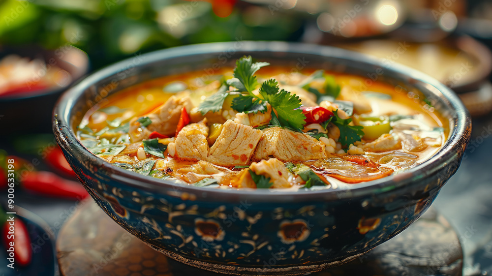 Bowl of chicken soup garnished with herbs and vegetables Bowl of chicken soup garnished with herbs and vegetables