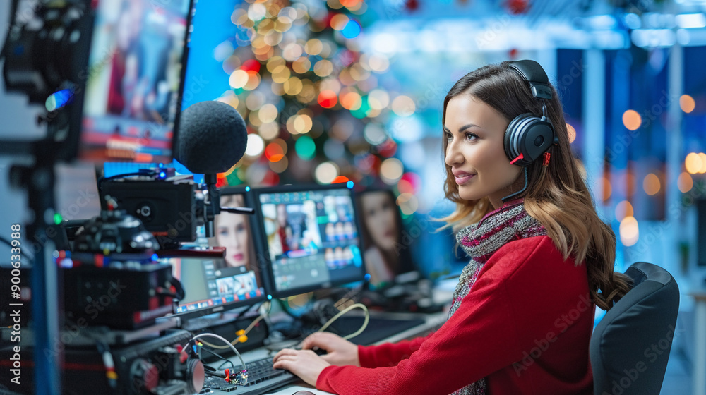 News reporter sharing holiday news in studio news News reporter sharing holiday news in studio news